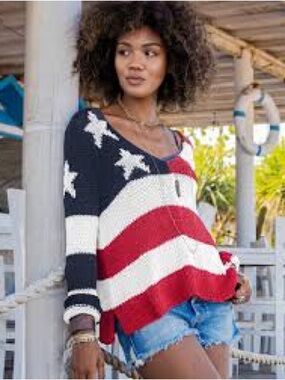 NEW Wooden Ships Chunky Flag V Cotton Sweater Royal Flag